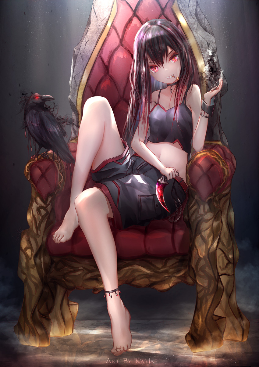 1girl animal armchair bare_shoulders barefoot bird black_background black_hair chair cigarette commission crow dagger feet highres karambit kayjae knife long_hair midriff navel original red_eyes shorts sitting sleeveless smile smoking tank_top weapon