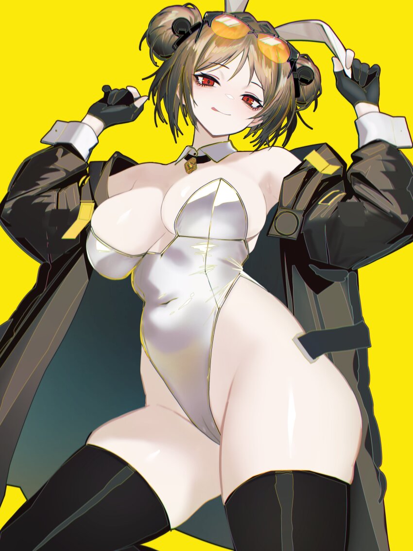 1girl absurdres alternate_costume animal_ears black_gloves black_jacket black_thighhighs blush breasts brown_hair camel commentary_request covered_navel detached_collar double_bun eyewear_on_head fake_animal_ears girls&#039;_frontline gloves hair_bun highres jacket large_breasts leotard looking_at_viewer non-web_source off_shoulder p90_(girls&#039;_frontline) partially_fingerless_gloves playboy_bunny rabbit_ears red_eyes short_hair skindentation smile solo sunglasses thighhighs tongue tongue_out vxdrq white_leotard white_wrist_cuffs wrist_cuffs yellow_background