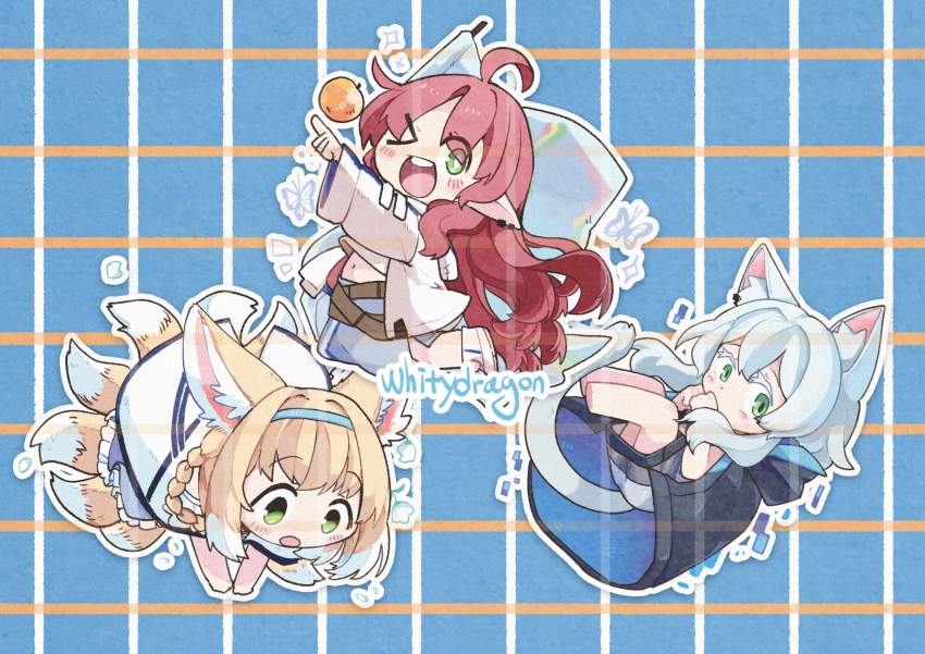 &gt;_o 3girls animal_ear_fluff animal_ears arknights artist_name blonde_hair blue_hair blue_hairband cat_ears cat_girl cat_tail chibi commentary dated_commentary film_grain fox_ears fox_girl fox_tail green_eyes hairband highres kitsune kyuubi long_hair multiple_girls multiple_tails myrtle_(arknights) one_eye_closed open_mouth pointy_ears red_hair rosmontis_(arknights) short_hair suzuran_(arknights) tail teeth upper_teeth_only whitydragon