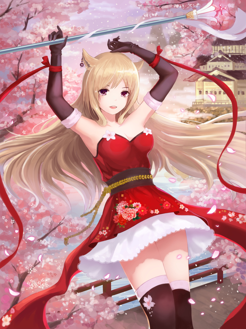1girl :o absurdres animal_ears architecture arms_up black_gloves black_thighhighs breasts cleavage dew_(7302235) earrings east_asian_architecture elbow_gloves female_focus floral_print gloves highres jewelry light_brown_hair long_hair md5_mismatch outdoors purple_eyes resolution_mismatch sakura small_breasts solo source_smaller staff standing thighhighs
