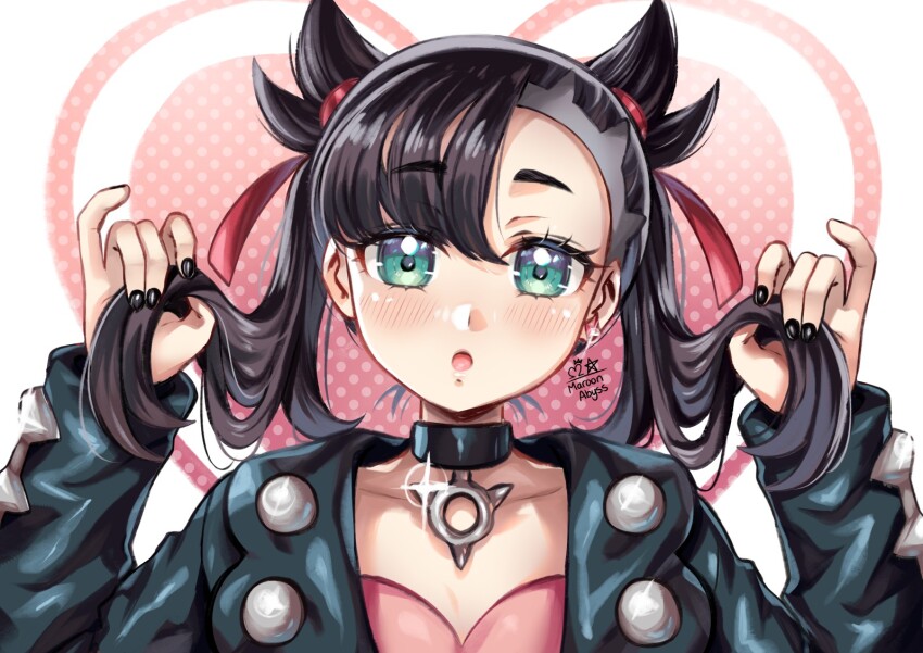 1girl asymmetrical_bangs black_choker black_hair black_jacket choker green_eyes jacket looking_at_viewer marnie_(pokemon) maroonabyss nintendo pokemon pokemon_swsh solo twintails upper_body
