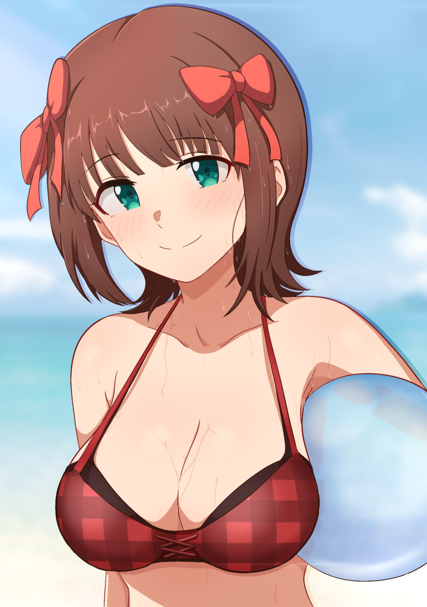 1girl absurdres amami_haruka armpits ball bare_arms bare_shoulders beach beachball bikini blue_sky blunt_bangs blurry blurry_background blush breasts brown_hair cleavage closed_mouth cloud cloudy_sky collarbone day dot_nose flipped_hair green_eyes hair_ribbon highres holding holding_ball holding_beachball idolmaster idolmaster_(classic) idolmaster_million_live! idolmaster_million_live!_theater_days large_breasts light_smile looking_at_viewer medium_hair milliani mountainous_horizon outdoors plaid_bikini plaid_clothes red_bikini red_ribbon ribbon sidelocks sky solo straight_hair swimsuit upper_body water_drop wet