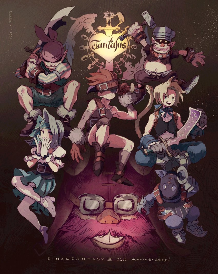 1girl baku_(ff9) bandana beard belt blank_(ff9) blonde_hair cinna_(ff9) facial_hair final_fantasy final_fantasy_ix gloves goggles hammer headband highres marcus_(ff9) monkey_tail multiple_boys nobu_(25mark) ruby_(ff9) silver_hair square_enix sword tail weapon zidane_tribal