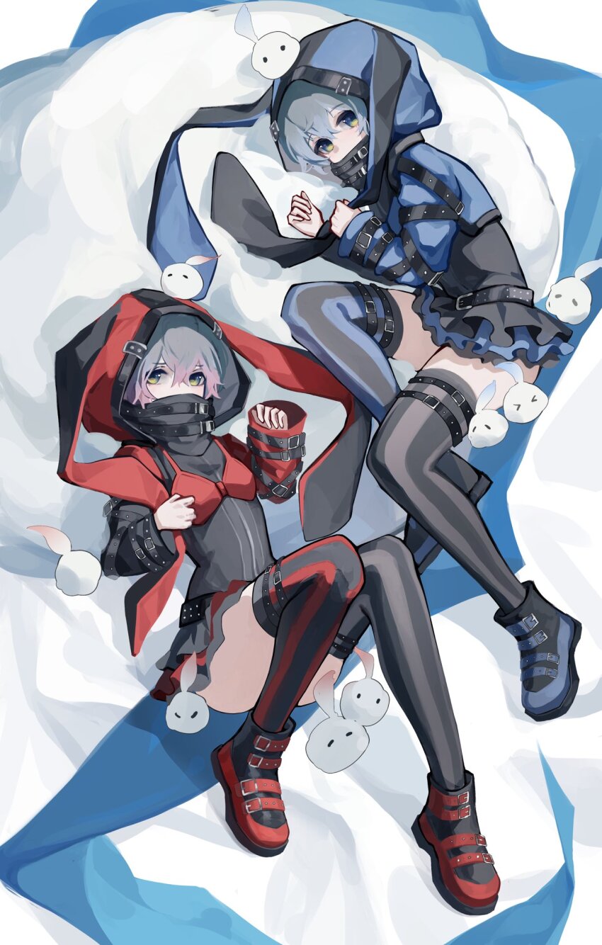 2boys aluhzora animal_hood belt black_belt blue_hair boots commentary cosplay covered_mouth crossdressing effole_(fairy_fencer_f) effole_(fairy_fencer_f)_(cosplay) eki_eveland fairy_fencer_f gradient_hair green_eyes grey_hair hair_between_eyes high_collar highres hood hood_up ike_eveland long_sleeves looking_at_viewer lying male_focus miniskirt multicolored_hair multiple_belts multiple_boys nijisanji nijisanji_en no_eyewear on_back on_side quilldren_(ike_eveland) rabbit_hood red_hair skirt sleeves_past_wrists striped_clothes striped_thighhighs symbol-only_commentary thighhighs thighs trap vertical-striped_clothes vertical-striped_thighhighs virtual_youtuber zettai_ryouiki