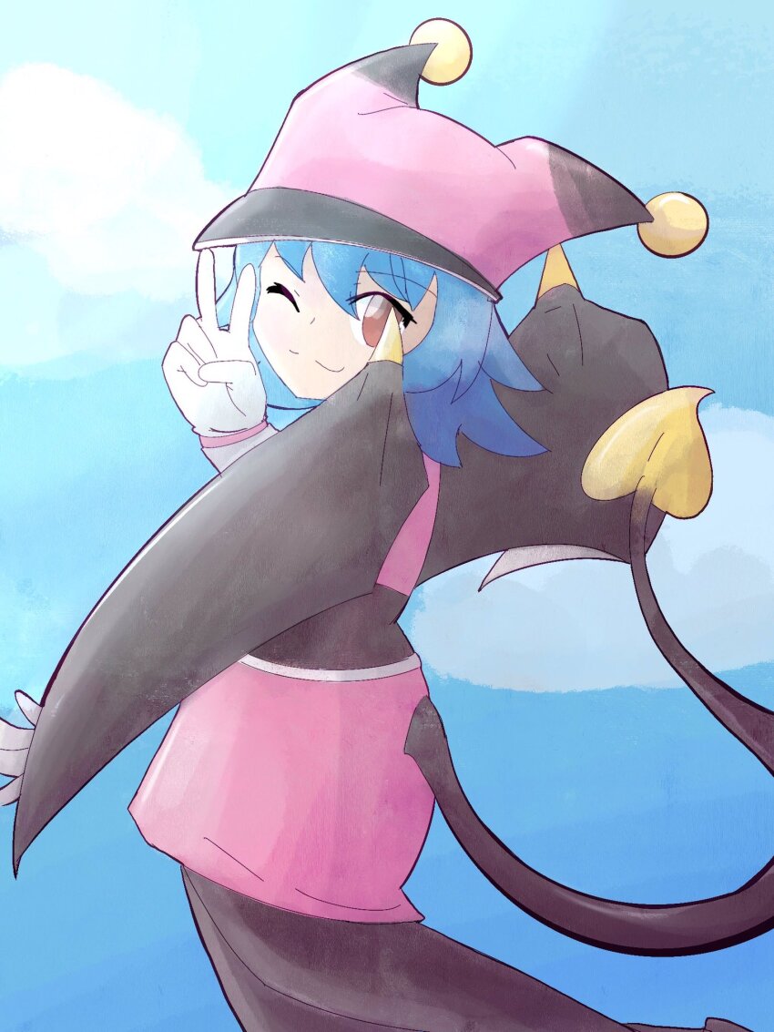 1girl digimon digimon_(creature) female_focus highres looking_at_viewer navimon_(digimon) one_eye_closed solo tail wings wink