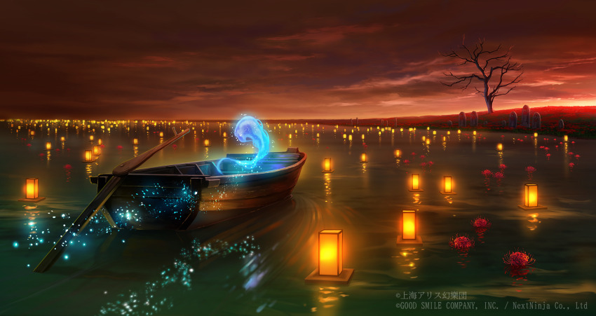 afloat bare_tree boat cloud cloudy_sky commentary_request copyright_notice flower game_cg highres hitodama jizou kosian lantern no_humans oar official_art outdoors red_flower red_sky river riverbank sanzu_river scenery sky spider_lily too_many_lanterns touhou touhou_lostword tree water watercraft