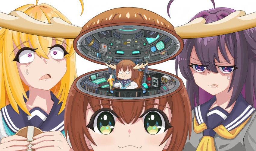:3 ahoge antlers aqua_neckerchief blonde_hair blue_neckerchief blue_sailor_collar brown_hair cockpit cracker deer deer_antlers deer_cracker deer_girl food green_eyes highres horns koshi_anko_(shikanoko) koshi_torako long_hair long_sleeves multiple_girls neckerchief open_mouth pilot purple_eyes purple_hair sailor_collar school_uniform science_fiction serafuku shikanoko_noko shikanoko_nokonoko_koshitantan shirt short_hair shrike2743 siblings sisters smile surprised white_shirt
