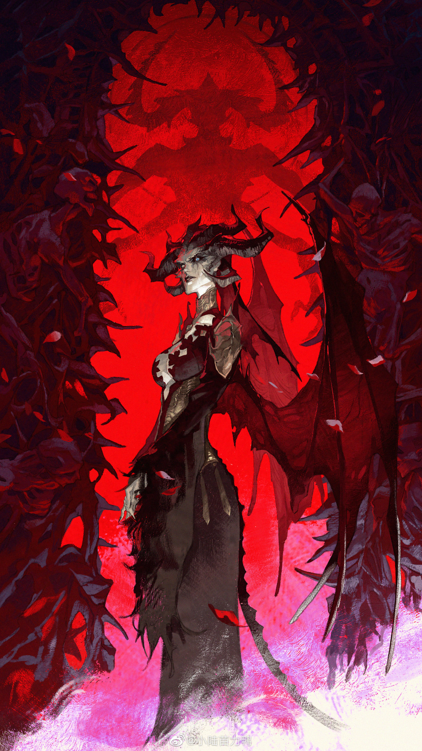 1girl absurdres black_dress black_lips breasts cleavage demon demon_girl demon_horns demon_wings diablo_(series) dress falling_petals fingernails heterochromia highres horns lilith_(diablo) medium_breasts petals red_theme rose_petals shadow sharp_fingernails solo wings xiaolumiaoliya