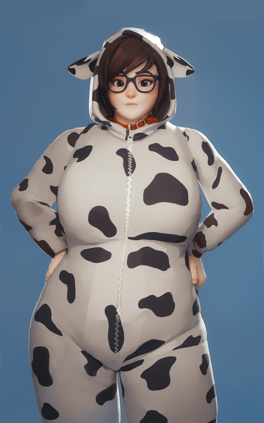1girl 3d absurdres animal_print belt_collar black-framed_eyewear blue_background breasts brown_eyes brown_hair closed_mouth collar cow_print cowboy_shot fugtrup glasses hands_on_own_hips highres large_breasts looking_at_viewer mei_(overwatch) overwatch protected_link simple_background solo swept_bangs