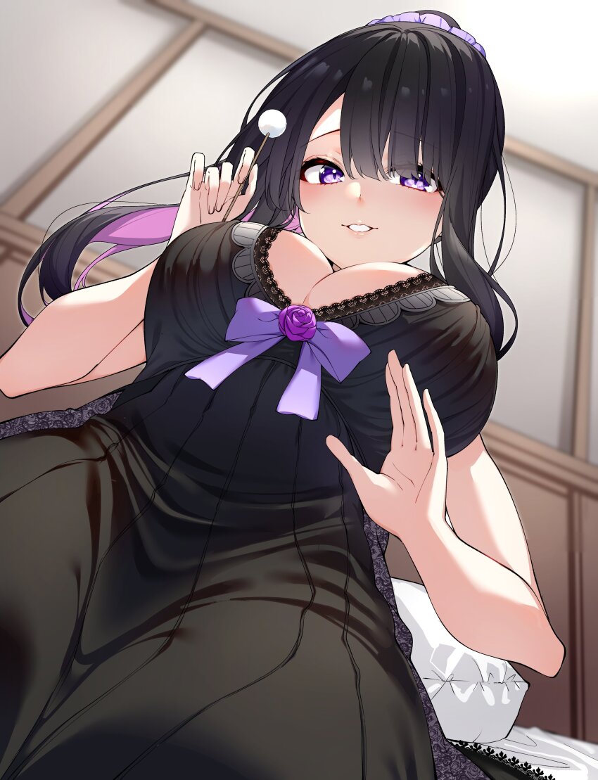 1girl absurdres bed_sheet black_dress black_hair blush bow breasts cleavage colored_inner_hair commission cotton_swab darjeeling_(reley) dress ear_cleaning flower hands_up highres holding indoors koinoya_mai lace lace-trimmed_dress lace_trim lap_pillow_invitation lap_pov large_breasts long_hair looking_at_viewer mimikaki multicolored_hair parted_lips pillow propro_production purple_bow purple_eyes purple_flower purple_rose rose second-party_source sitting skeb_commission smile solo two-tone_hair virtual_youtuber