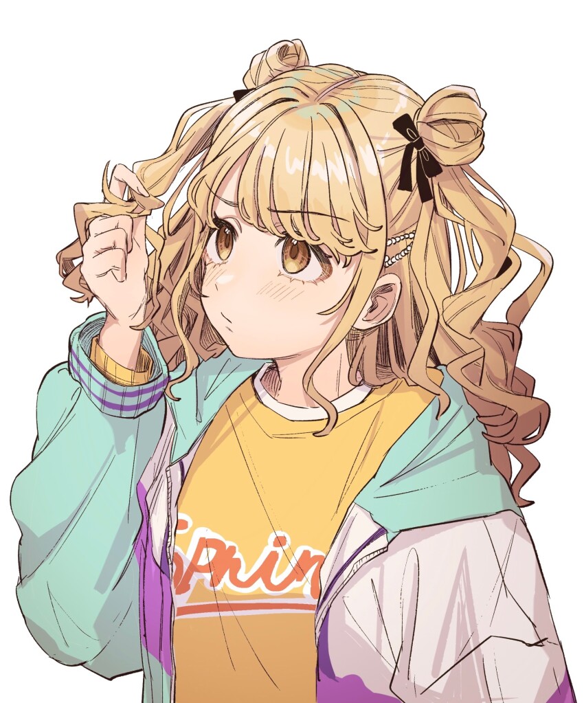 1girl alternate_hairstyle blush borrowed_hairstyle commentary_request double_bun fujita_kotone gakuen_idolmaster hair_bun hair_ribbon hanami_saki highres holding holding_own_hair idolmaster jacket long_hair long_sleeves looking_up multicolored_jacket open_clothes open_jacket ribbon shirt simple_background solo tanupon two_side_up upper_body white_background yellow_shirt