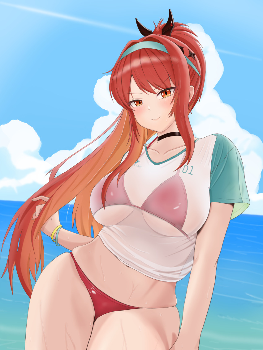 1girl absurdres bikini bikini_under_clothes blush breasts goddess_of_victory:_nikke highres jacky-8096 large_breasts long_hair looking_at_viewer official_alternate_costume official_alternate_hairstyle ponytail rapi_(nikke) rapi_(red_hood)_(nikke) rapi_(red_hood)_(red_flavor)_(nikke) red_eyes red_hair smile solo swimsuit swimsuit_under_clothes