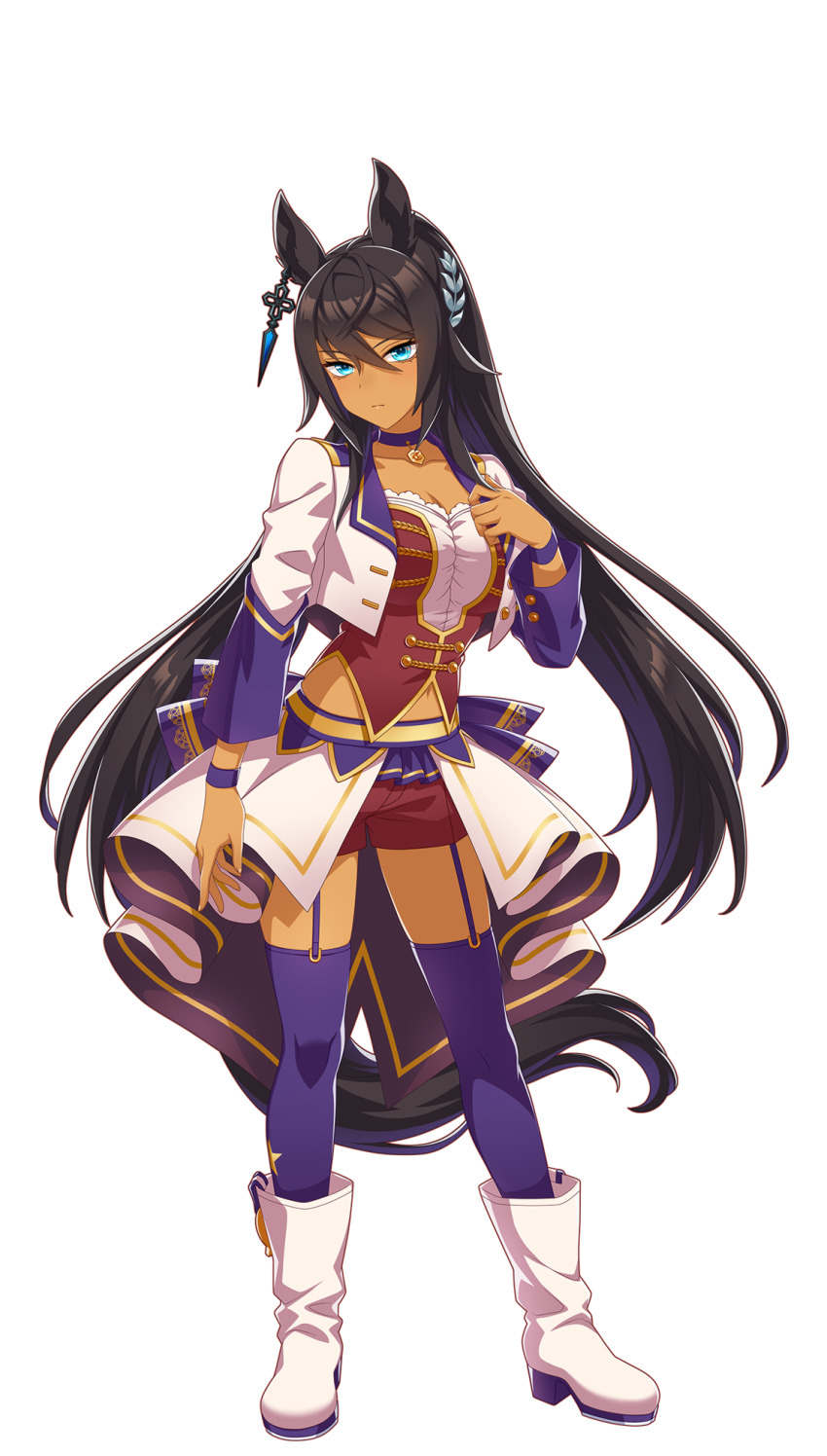 1girl animal_ears black_hair blue_eyes breasts closed_mouth dark-skinned_female dark_skin ear_ornament earrings full_body hair_between_eyes hair_ornament hand_on_own_chest highres horse_ears horse_girl horse_tail jacket jewelry large_breasts long_hair long_sleeves looking_at_viewer midriff navel official_art purple_thighhighs red_shorts scrunchie short_hair shorts simple_background single_earring smile solo starting_future_(umamusume) swept_bangs symboli_kris_s_(umamusume) tachi-e tail thighhighs transparent_background umamusume white_jacket white_scrunchie
