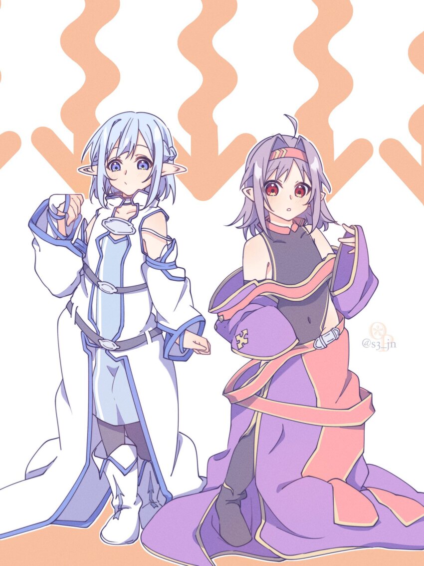 2girls :o aged_down ahoge arrow_(symbol) artist_logo artist_name asuna_(sao) bare_shoulders belt black_belt black_boots black_leotard black_pantyhose blue_boots blue_dress blue_eyes blue_hair boots closed_mouth collarbone collared_leotard covered_navel detached_sleeves dot_mouth dress flat_chest full_body hair_intakes hand_up headband highres leotard logo looking_down medium_hair multicolored_boots multiple_girls neosight orange_background outline oversized_clothes pantyhose parted_lips pointy_ears purple_hair purple_skirt purple_sleeves red_eyes red_headband signature skirt sleeveless_turtleneck_leotard sword_art_online two-tone_boots two-tone_dress white_background white_boots white_dress white_outline yuuki_(sao)