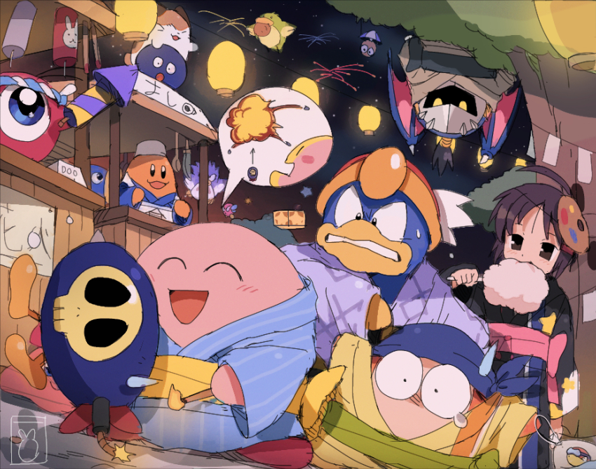:d :o ^_^ adeleine aerial_fireworks ahoge apron bag bagged_fish bandana bandana_waddle_dee bendedede bird black_kimono black_sash blipper blue_bandana blue_eyes blue_kimono blush bomb bomber_(kirby) bronto_burt brown_eyes brown_hair brown_kimono bumber_(kirby) chef_kawasaki clenched_teeth closed_eyes commentary coo_(kirby) cotton_candy eating english_commentary explosion explosive fire fireworks fish flying food gooey_(kirby) green_sash hachimaki hair_ornament hairclip hand_up hanging hanging_from_tree hat headband highres holding holding_cotton_candy holding_fireworks holding_food japanese_clothes kimono kine_(kirby) king_dedede kirby kirby_(series) lantern long_sleeves market_stall mask mask_on_head matches nago_(kirby) nejiri_hachimaki nervous night night_sky nintendo obi one-eyed open_mouth outdoors paper_lantern parted_bangs pink_sash pitch_(kirby) purple_kimono red_headwear sash short_hair skull sky smile speech_bubble star_(sky) star_(symbol) star_block starry_sky striped_clothes striped_kimono sweatdrop teeth tree upside-down v-shaped_eyebrows waddle_doo white_apron white_headwear wide-eyed wide_sleeves yellow_kimono yellow_sash