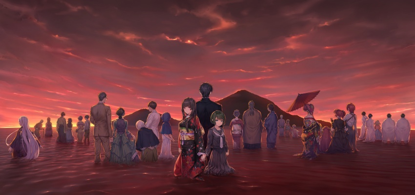 6+boys 6+girls absurdres black_hair cloud cloudy_sky dress dusk everyone formal_clothes futara_mirei futara_ryuuichi futara_ryuuken futara_ryuusei futara_touko gosha_kanji gosha_shizuku green_hair grey_hair highres hime_cut horizon ichikura_madoka ichikura_sen ichikura_touri japanese_clothes kaguyuzu kazui_kouichi kazui_kouji kazui_koyuki kazui_mariko kazui_yukio kimono kuryo_nozomi long_hair mountain multiple_boys multiple_girls nie_no_hakoniwa non-web_source obi ocean official_art oil-paper_umbrella print_kimono red_hair rikugou_sanae rikugou_suzune rikugou_touichirou rikugou_touta saegusa_houka saegusa_renge saegusa_rinka saegusa_touka sash scenery school_uniform serafuku shiki_dougen shiki_kyoko shiki_yorimichi shiki_yukiko sky suit umbrella wading water yasaka_io yasaka_kurou