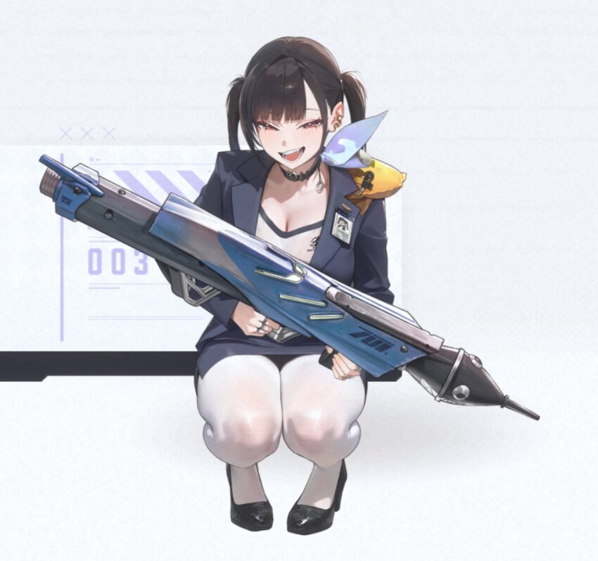 1girl black_choker black_hair black_shoes blue_jacket blue_skirt blush breasts choker cleavage dfm_(darknessdfm) goddess_of_victory:_nikke high_heels highres holding holding_rocket_launcher holding_weapon jacket open_mouth pantyhose purple_eyes rocket_launcher shirt shoes skirt solo sora_(nikke) squatting twintails weapon white_pantyhose white_shirt