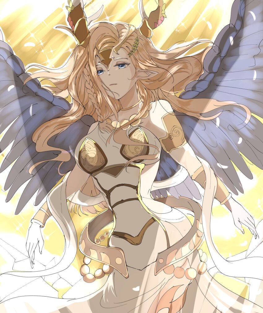 1girl blonde_hair blue_eyes dragon_girl dragon_horns dress duel_monster feathered_wings highres horns pointy_ears saffira_dragon_queen_of_the_voiceless_voice sleeveless sleeveless_dress uragawai wavy_hair white_dress wings yu-gi-oh!