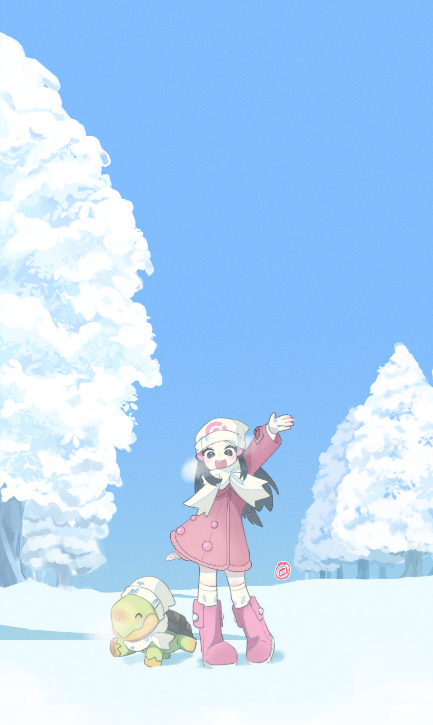 1girl :d absurdres arm_up beanie black_hair boots breath clear_sky coat commentary creatures_(company) dawn_(pokemon) day game_freak gen_4_pokemon hair_ornament hairclip happy hat highres long_hair nintendo open_mouth outdoors over-kneehighs pokemon pokemon_(creature) pokemon_dppt pokemon_platinum scarf sidelocks sky smile snow standing t0fusan thighhighs tree turtwig white_hat white_scarf winter