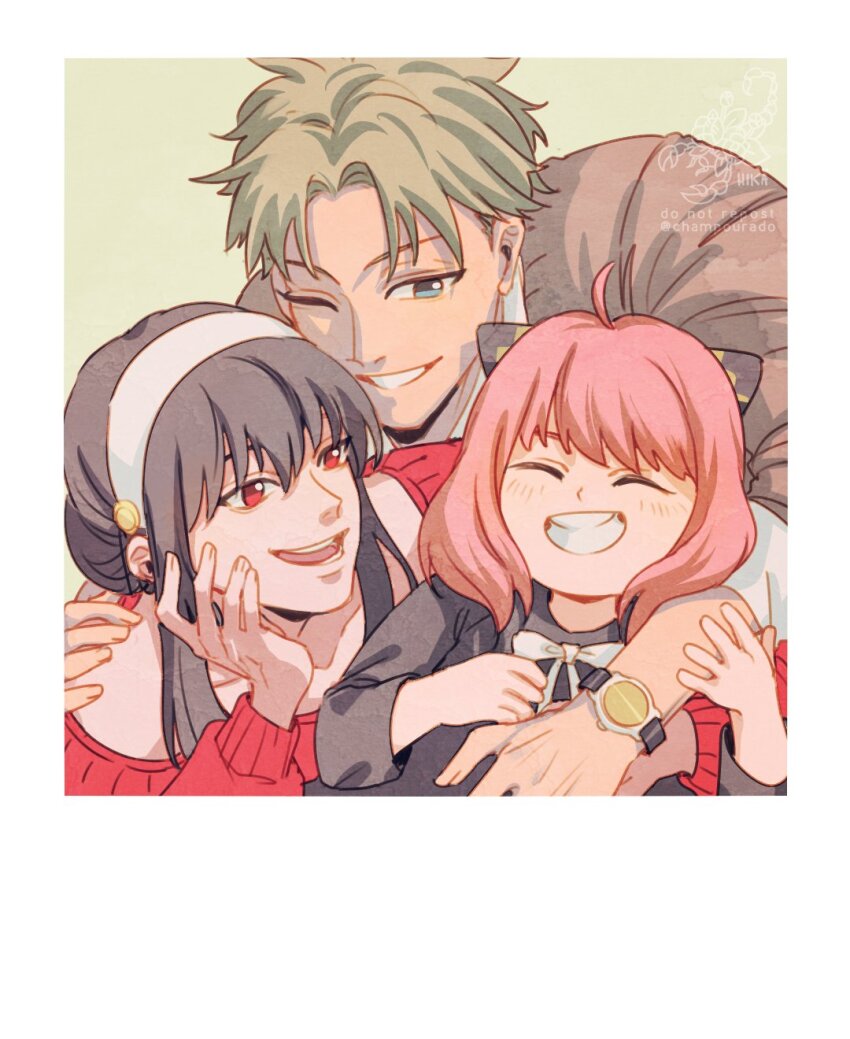 1boy 2girls ^_^ ahoge anya_(spy_x_family) black_hair blonde_hair blunt_bangs blush champourado child closed_eyes commentary family hairpods highres long_sleeves multiple_girls one_eye_closed pink_hair red_eyes short_hair sidelocks spy_x_family twilight_(spy_x_family) watch wristwatch yor_briar