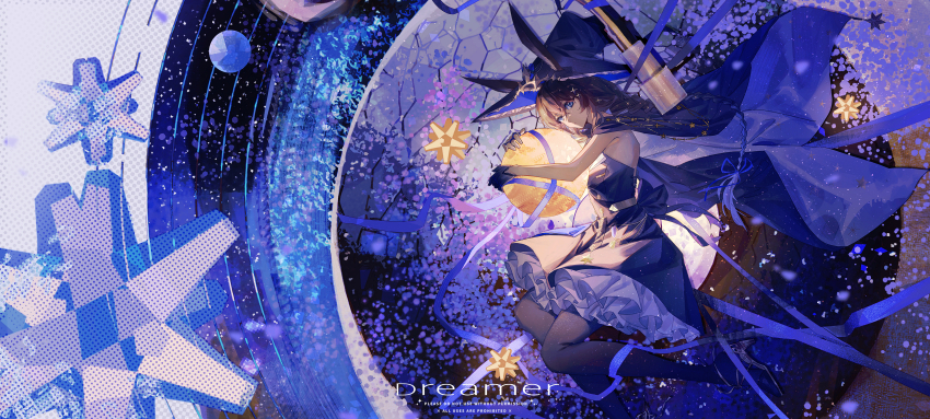 1girl absurdres ambience_synesthesia amiya_(arknights) amiya_(medic)_(arknights) amiya_(medic)_(solo_around_the_world)_(arknights) animal_ears arknights black_cape black_dress black_hat black_pantyhose blue_cape blue_eyes blue_ribbon braid brown_hair cape closed_mouth dress ears_through_headwear expressionless frilled_dress frilled_hat frills from_above full_body gloves hair_between_eyes hair_ribbon haku_(muc12b) hat high_heels highres hugging_object large_hat looking_at_viewer lying on_side orb pantyhose phonograph rabbit_ears rabbit_girl ribbon sidelocks single_glove sleeveless sleeveless_dress solo star_pin turntable two-tone_cape vinyl_record witch_hat
