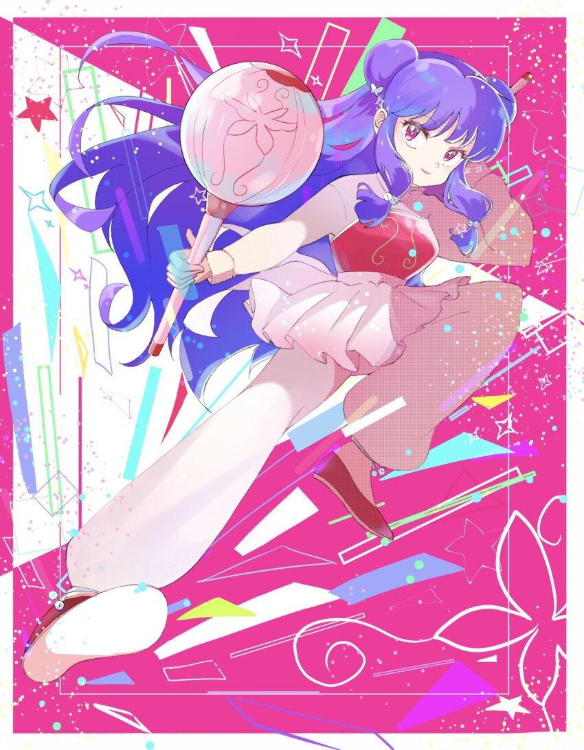 1girl armor breastplate chui_(weapon) double_bun en_0410 hair_bun highres holding holding_weapon long_hair multicolored_background pants purple_hair ranma_1/2 red_eyes red_footwear shampoo_(ranma_1/2) sidelocks smile star_(symbol) weapon white_pants