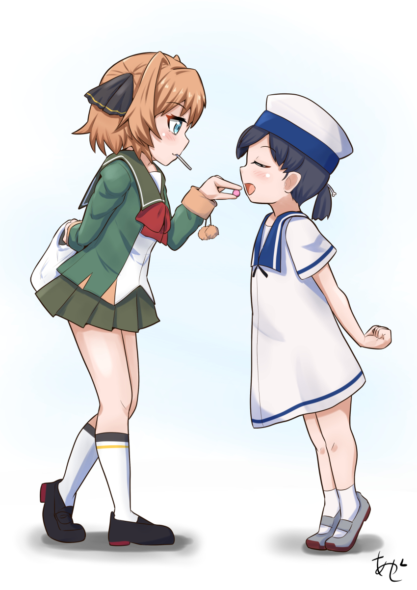 akashieru artist_logo black_hair black_ribbon blue_eyes blue_sailor_collar brown_hair candy closed_eyes dress feeding food green_jacket green_sailor_collar green_skirt hachijou_(kancolle) hat height_difference hiburi_(kancolle) highres jacket kantai_collection logo long_sleeves low_ponytail mouth_hold neck_ribbon one-hour_drawing_challenge pleated_skirt ponytail red_ribbon ribbon sailor_collar sailor_dress sailor_hat school_uniform serafuku shoes short_hair short_ponytail short_sleeves skirt tiptoes uwabaki white_dress white_hat