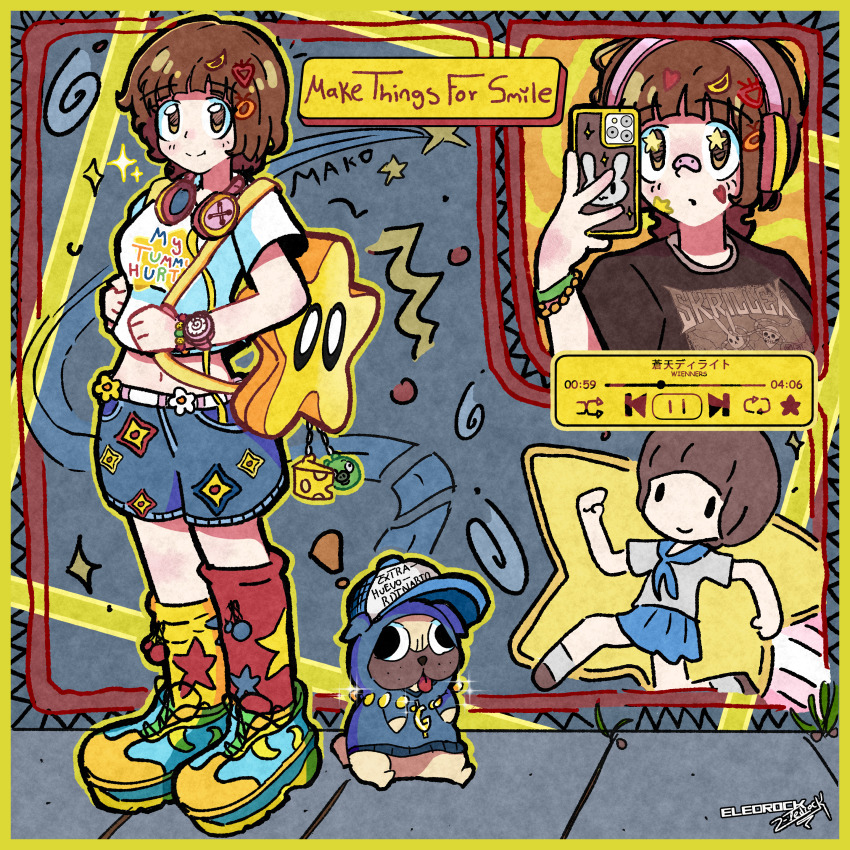 +_+ 1girl absurdres alternate_hairstyle angry_birds artist_name asymmetrical_legwear bad_piggies bandaid bandaid_on_face bandaid_on_nose brown_eyes brown_hair cellphone character_name charm_(object) cheese chibi colorful curly_hair decora dog eledrock! english_text food guts_(kill_la_kill) hair_ornament hairclip headphones headphones_around_neck highres hood hoodie kill_la_kill makeup mankanshoku_mako phone print_shirt pug rabbit selfie shirt skrillex smartphone star_(symbol) super_star_(mario) translation_request watch wide-eyed