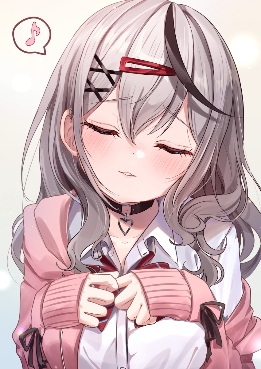 1girl absurdres black_choker black_streaks blush cardigan choker closed_eyes closed_mouth collared_shirt commentary_request grey_hair hair_ornament hairpin highres hololive looking_at_viewer multicolored_hair musical_note o-ring o-ring_choker official_alternate_costume open_mouth pink_cardigan sakamata_chloe sakamata_chloe_(gyarumata) shagaihi shirt solo spoken_musical_note streaked_hair virtual_youtuber white_background white_shirt x_hair_ornament