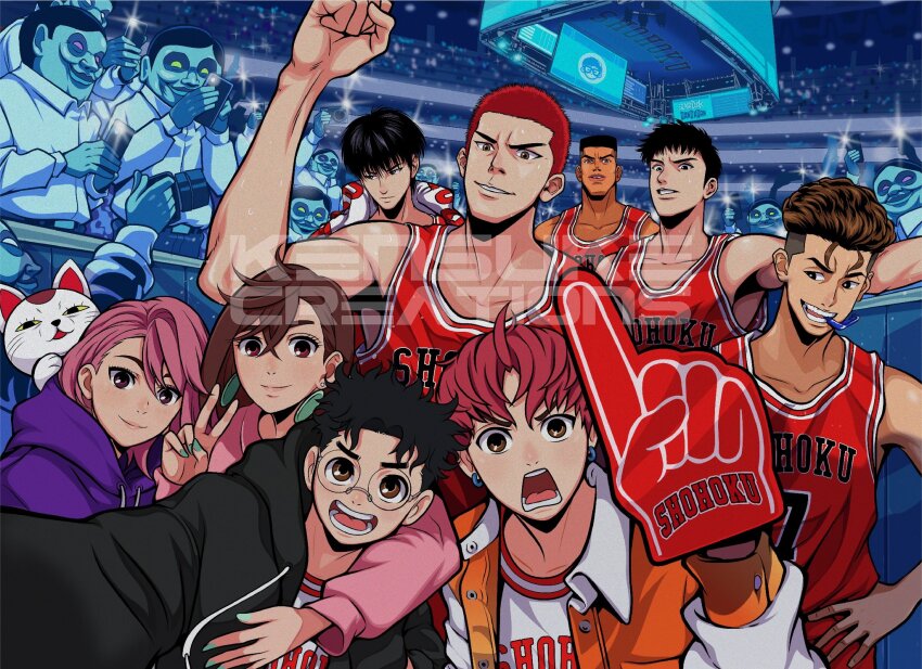 2girls 6+boys akagi_takenori alien aqua_nails arm_around_neck arm_up ayase_momo basketball_jersey basketball_uniform black_hair black_hoodie brown_eyes brown_hair cat clenched_hand clone closed_mouth collarbone commentary crossed_bangs crossover dandadan earrings english_commentary enjoji_jin glasses hair_behind_ear hair_between_eyes highres holding holding_phone hood hood_down hoodie indoors jewelry kensuke_creations long_sleeves looking_at_viewer mitsui_hisashi miyagi_ryouta mouth_hold multiple_boys multiple_girls nail_polish open_clothes open_hoodie open_mouth phone pink_hair pink_shirt purple_hoodie red_hair red_tank_top round_eyewear rukawa_kaede sakuragi_hanamichi serpo_(dandadan) shiratori_aira_(dandadan) shirt short_hair slam_dunk_(series) smile sportswear stadium sweat takakura_ken_(dandadan) tank_top turbo_granny_(dandadan) upper_body v watermark white_shirt
