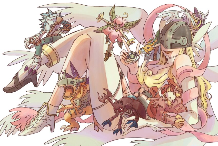 angel angel_girl angewomon atlurkabuterimon atlurkabuterimon_(red) digimon digimon_(creature) digimon_adventure digivice garudamon head_wings highres holyangemon lilimon long_hair mask metalgreymon textless_version weregarurumon wings zudomon