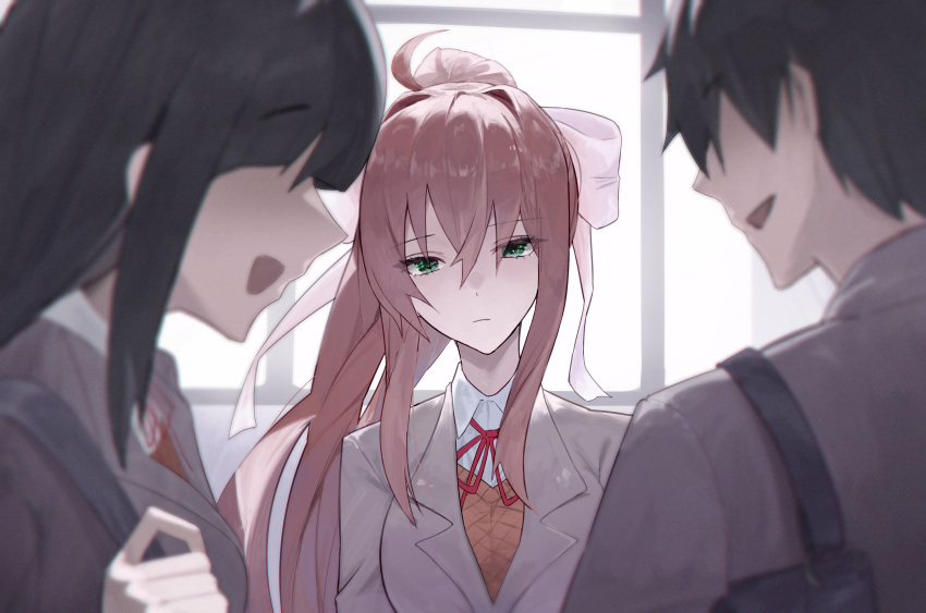 1boy 2girls :d absurdres bag black_hair blank_eyes blank_stare blazer blurry blurry_foreground blush bow breasts brown_hair closed_mouth collared_shirt depth_of_field doki_doki_literature_club doki_doki_literature_club_school_uniform green_eyes grey_jacket hair_between_eyes hair_bow hair_ornament hair_ribbon happy highres indoors jacket jealous large_breasts long_hair long_sleeves monika_(doki_doki_literature_club) multiple_girls neck_ribbon no_eyes open_mouth orange_sweater_vest orange_vest ponytail protagonist_(doki_doki_literature_club) red_ribbon ribbon sad school_uniform shirt short_hair shoulder_bag sidelocks smile sweater_vest upper_body vest vyva white_bow white_ribbon wind window yuri_(doki_doki_literature_club)