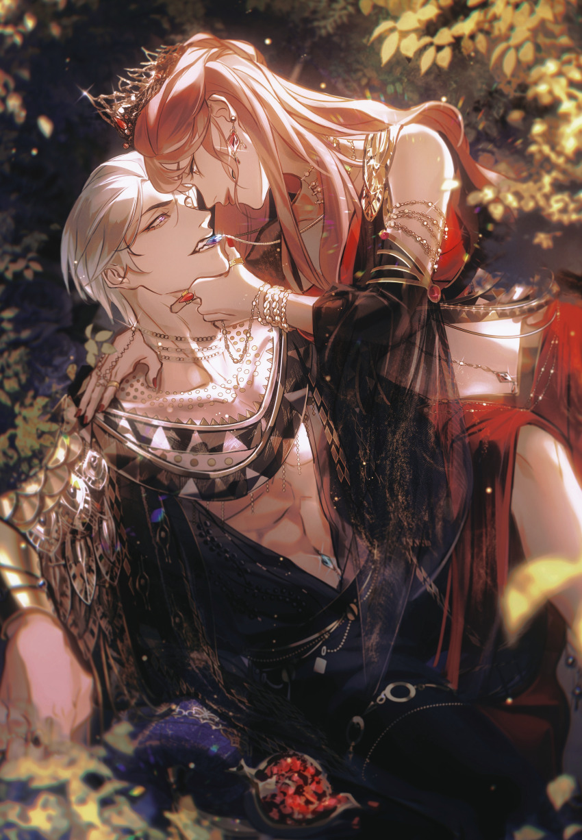 1boy 1girl abs absurdres blurry bracelet brown_hair chain charlie_su closed_eyes couple crown dress earrings food fruit gem hand_on_another&#039;s_chin hetero highres imminent_kiss jewelry leaf light_and_night_love long_hair long_sleeves looking_at_another navel necklace pectorals protagonist_(light_and_night_love) red_hair ring short_hair sitting white_hair zhuowang233