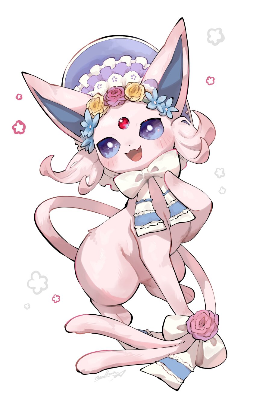 :d absurdres bonnet bow colored_sclera easter_egg egg espeon espeon_(botanical_easter) fangs flower flower_brooch forehead_jewel forked_tail gem gen_2_pokemon highres multiple_tails nintendo no_humans nullma open_mouth paw_up pink_flower pink_rose pokemon pokemon_(creature) pokemon_focus purple_eyes purple_fur purple_sclera red_gemstone rose simple_background skin_fangs smile solo tail tail_bow tail_ornament white_background yellow_flower yellow_rose