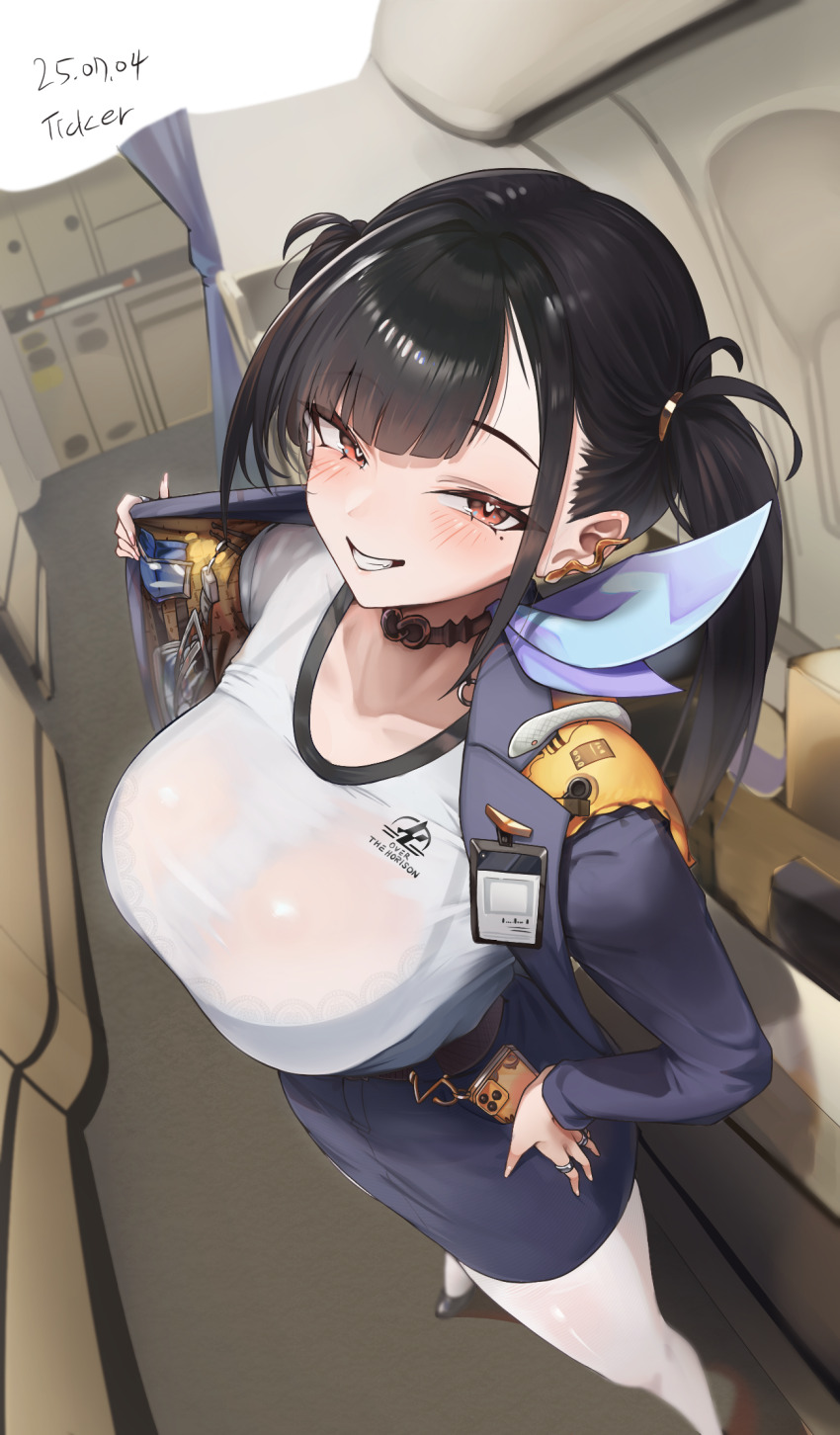 1girl airplane_interior black_hair breasts brown_eyes cellphone choker flight_attendant goddess_of_victory:_nikke grin highres jacket jewelry large_breasts looking_at_viewer open_clothes open_jacket pencil_skirt phone ring shirt skirt smartphone smile solo sora_(nikke) ticker_(kks2ksy) travel_attendant white_shirt