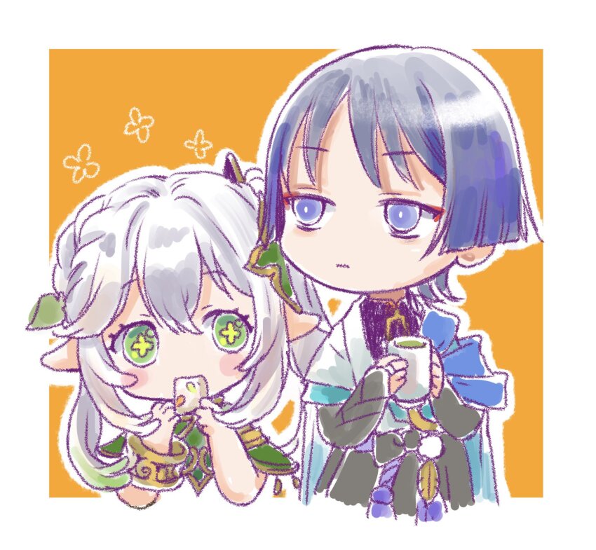 1boy 1girl armlet armor black_bodysuit black_bow black_bridal_gauntlets black_shorts blue_cape blue_kimono blue_sleeves blunt_ends blush bodysuit border bow bracelet bridal_gauntlets candied_ajilenakh_nut_(genshin_impact) cape closed_mouth cropped_legs cropped_torso cross-shaped_pupils cup detached_sleeves expressionless eyelashes eyeliner eyeshadow feathers food furisode genshin_impact gold green_eyes green_hair green_sleeves hair_between_eyes hair_ornament half_crown_braid han&#039;eri height_difference highres holding holding_cup holding_food japanese_armor japanese_clothes jewelry kimono kote kurokote layered_kimono layered_sleeves leaf leaf_hair_ornament long_hair looking_at_another looking_to_the_side makeup mandarin_collar mug multicolored_hair nahida_(genshin_impact) open_clothes open_kimono parted_bangs pointy_ears pom_pom_(clothes) purple_eyes purple_hair purple_rope red_eyeliner red_eyeshadow rope scaramouche_(genshin_impact) short_sleeves shorts side-by-side side_ponytail sidelocks sideways_glance streaked_hair symbol-shaped_pupils wanderer_(genshin_impact) white_border white_hair white_kimono white_sleeves xiao_kaya yellow_background yellow_eyes yellow_feathers