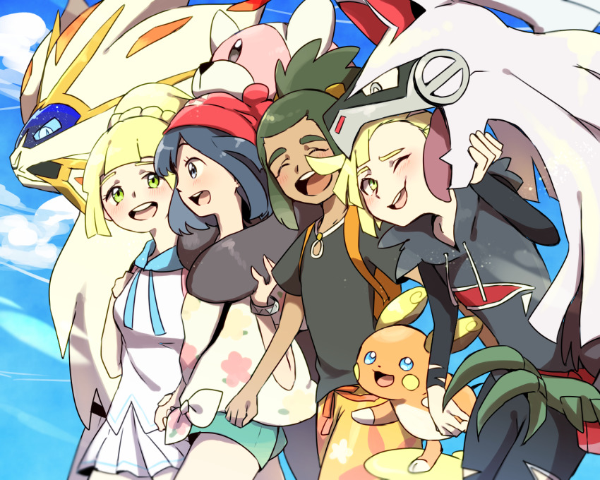 2boys 2girls :d alolan_form alolan_raichu bewear biting black_hair black_shirt blonde_hair blue_sky breasts cloud cloudy_sky creature day gen_7_pokemon gladion_(pokemon) happy hau_(pokemon) highres hug legendary_pokemon lillie_(pokemon) long_sleeves mizuto_(o96ap) multiple_boys multiple_girls nintendo open_mouth outdoors pokemon pokemon_(creature) pokemon_sm selene_(pokemon) shirt sky small_breasts smile solgaleo tied_shirt walking