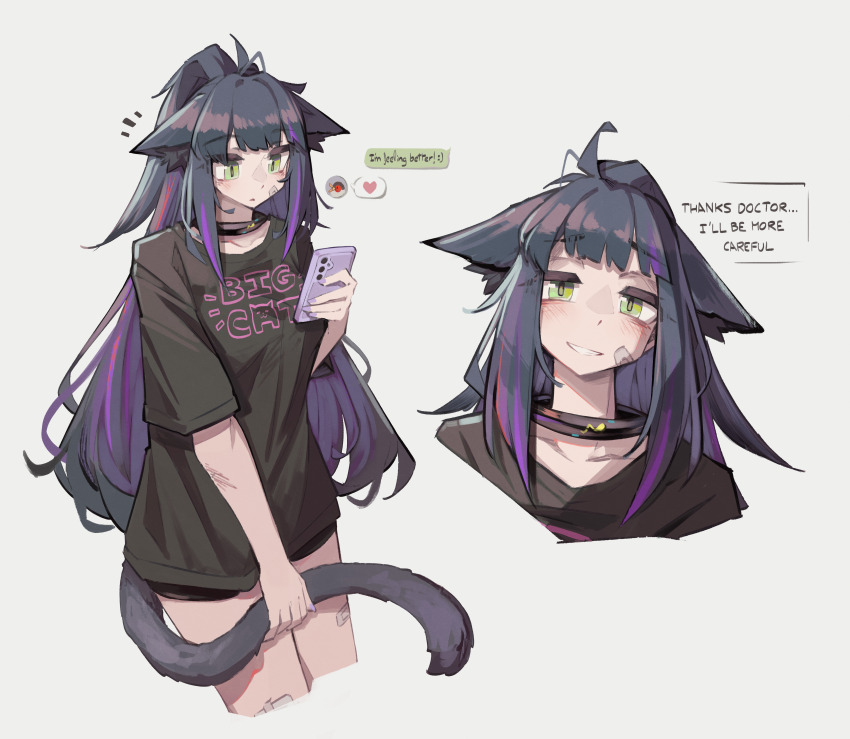 1girl absurdres animal_ears arknights bandaid bandaid_on_face bandaid_on_leg black_choker black_hair black_shirt cat_ears cat_girl cat_tail cellphone choker collarbone commentary cropped_legs cropped_torso english_commentary green_eyes highres holding holding_own_tail holding_phone jessica_(arknights) jessica_the_liberated_(arknights) long_hair looking_at_viewer nail_polish parted_lips phone ponytail purple_nails scrape shirt short_sleeves smartphone smile solo tail togekk0 upper_body white_background