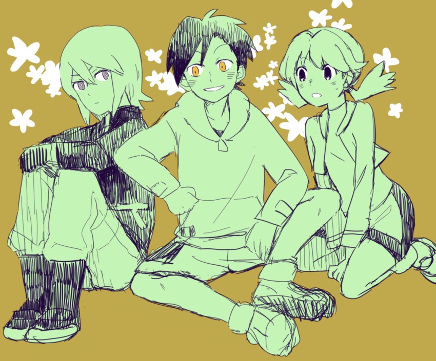 1girl 2boys bad_id bad_tumblr_id bike_shorts black_hair boots brown_background earrings ethan_(pokemon) grey_eyes jewelry kris_(pokemon) multiple_boys nintendo pokemon pokemon_adventures sanigo silver_(pokemon) sitting smile star_(symbol) star_earrings twintails unworn_headwear yellow_eyes