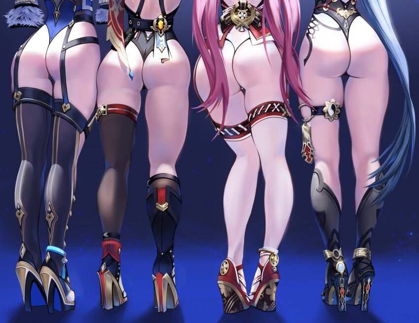 4girls ass asymmetrical_legwear black_footwear black_thighhighs blue_background boots genshin_impact hanya_(honkai:_star_rail) high_heel_boots high_heels highres honkai:_star_rail honkai_(series) lineup long_hair lower_body lunart multiple_girls pink_hair red_footwear side-by-side standing thigh_gap thighhighs topaz_(honkai:_star_rail) very_long_hair white_thighhighs yae_miko yelan_(genshin_impact)