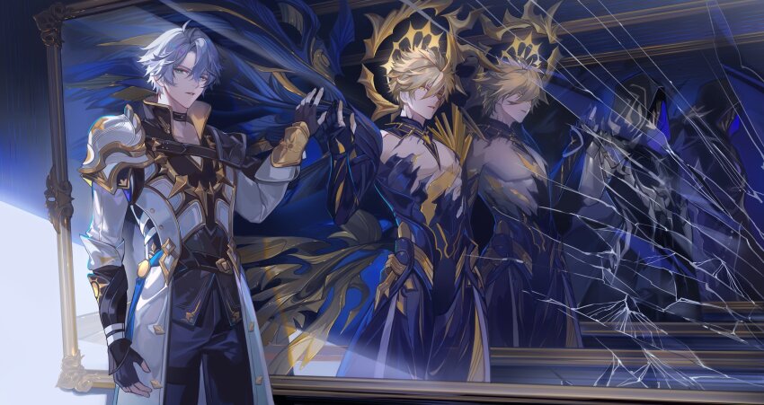 3boys alternate_form antenna_hair armor asymmetrical_wings bare_pectorals black_choker black_cloak black_gloves black_pants black_shirt black_wings blonde_hair blue_cape blue_eyes broken_mirror cape choker clawed_gauntlets cloak coat commentary crack cracked_glass cracked_skin dark_persona different_reflection english_commentary fingerless_gloves flame_reaver_of_the_deepest_dark gloves hair_between_eyes halo halo_behind_head highres honkai:_star_rail honkai_(series) hood hood_up hooded_cloak male_focus mask material_growth mirror multiple_boys multiple_persona pants parted_bangs pauldrons pectorals phainon_(honkai:_star_rail) reflection shirt short_hair shoulder_armor single_pauldron thigh_strap to_e torn_clothes torn_shirt white_coat white_hair wings yellow_blood yellow_eyes yellow_wings