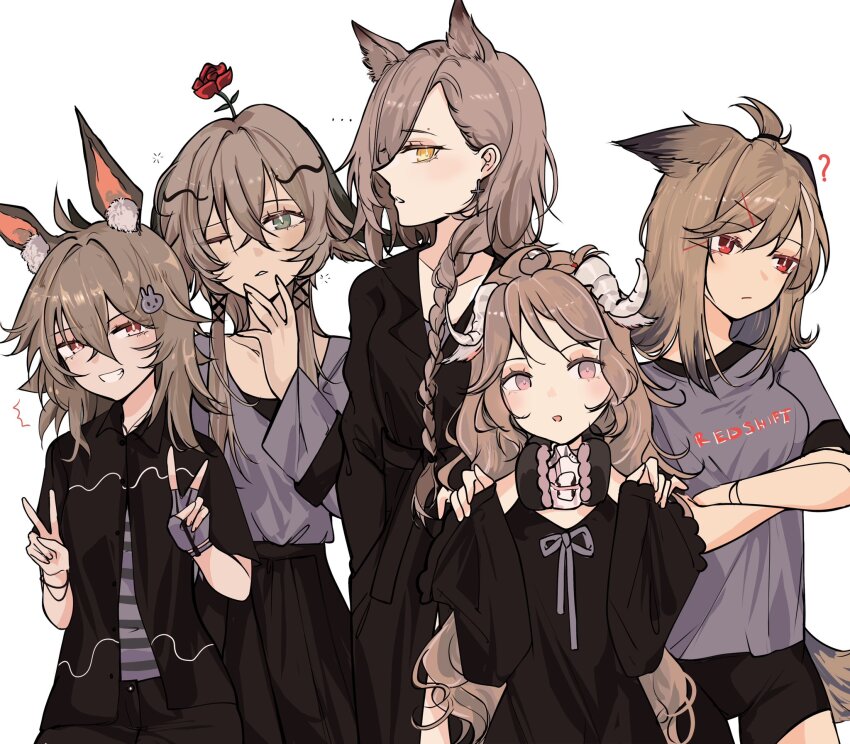 ... 5girls :/ :o ? ^^^ ahoge alternate_costume animal_ear_fluff animal_ears arknights black_dress black_shorts black_skirt black_undershirt blush braid braided_ponytail breasts brown_hair caper_(arknights) collarbone color_connection commentary cow_horns cross cross_earrings crossed_arms crossed_bangs cutter_(arknights) dot_nose double_v dress earrings english_commentary expressionless extra_ears eyjafjalla_(arknights) fingerless_gloves flower flower_on_head frilled_sleeves frills from_side gloves green_eyes gupipy hair_between_eyes hair_intakes hair_ornament hairclip hands_up highres horns jewelry long_hair long_skirt long_sleeves looking_at_viewer mask mask_around_neck medium_breasts medium_hair mole mole_above_eye multiple_girls multiple_hair_clips one_eye_closed open_mouth pallas_(arknights) penance_(arknights) pleated_skirt purple_eyes purple_gloves purple_ribbon purple_shirt rabbit_ears red_eyes red_flower ribbon rose sheep_horns shirt shirt_tucked_in short_hair_with_long_locks shorts simple_background single_fingerless_glove skirt sleeves_past_wrists squeans striped_clothes striped_shirt tail thigh_gap topknot unbuttoned unbuttoned_shirt upper_body v very_long_hair white_background wide_sleeves x_hair_ornament yellow_eyes