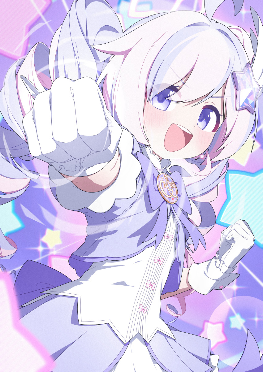 1girl absurdres blue_archive bow bowtie clenched_hand dress drill_hair eyes_visible_through_hair fuhao10708 gloves hair_ornament halo highres long_hair magical_girl official_alternate_costume official_alternate_hairstyle open_mouth pink_hair puffy_short_sleeves puffy_sleeves punching purple_bow purple_bowtie purple_eyes purple_hair reisa_(blue_archive) reisa_(magical)_(blue_archive) short_sleeves solo star_(symbol) teeth twin_drills twintails upper_teeth_only very_long_hair white_gloves wing_hair_ornament