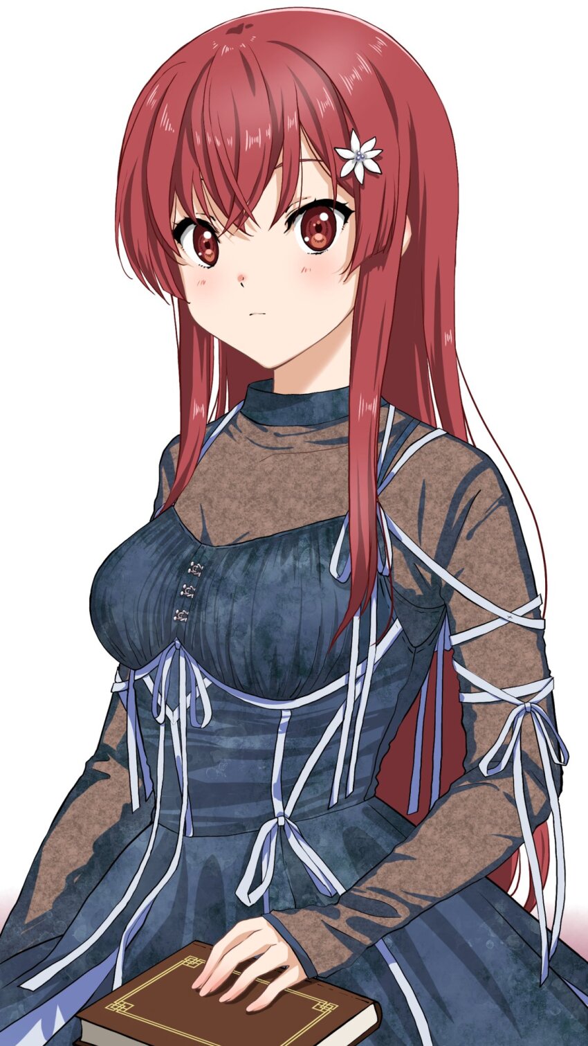 1girl 22/7 ato_de_wakaru_koto book closed_mouth crossed_bangs dress flower hair_flower hair_ornament highres holding holding_book long_hair long_sleeves looking_at_viewer nanairo_(nanairo227) red_eyes red_hair ribbon sato_reika see-through_clothes see-through_sleeves sidelocks simple_background solo white_background white_flower white_ribbon
