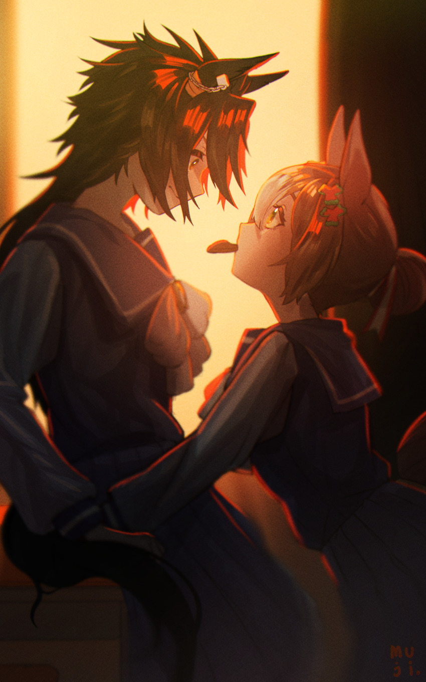 2girls absurdres air_shakur_(umamusume) animal_ears black_hair bow brown_hair candy chocolate chocolate_heart couple ear_chain ear_piercing earclip fine_motion_(umamusume) food food_in_mouth hair_bun heart highres horse_ears horse_girl horse_tail leaning_on_table long_hair long_sleeves mouth_hold mujintou_png multiple_girls nervous piercing pleated_skirt purple_serafuku purple_shirt purple_skirt ribbon school_uniform serafuku shirt shirt_tucked_in sidelocks single_hair_bun skirt tail tracen_school_uniform umamusume white_bow white_ribbon yellow_eyes yuri
