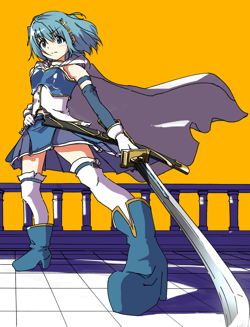 1girl absurdres blue_boots blue_hair blue_skirt boots cape detached_sleeves fortissimo full_body gloves hair_ornament hand_on_own_hip highres holding holding_sword holding_weapon mahou_shoujo_madoka_magica mahou_shoujo_madoka_magica_(anime) miki_sayaka miki_sayaka_(magical_girl) musical_note musical_note_hair_ornament orange_background sheath short_hair simple_background skirt solo soul_gem standing sword takeraka thighhighs weapon white_cape white_gloves white_thighhighs