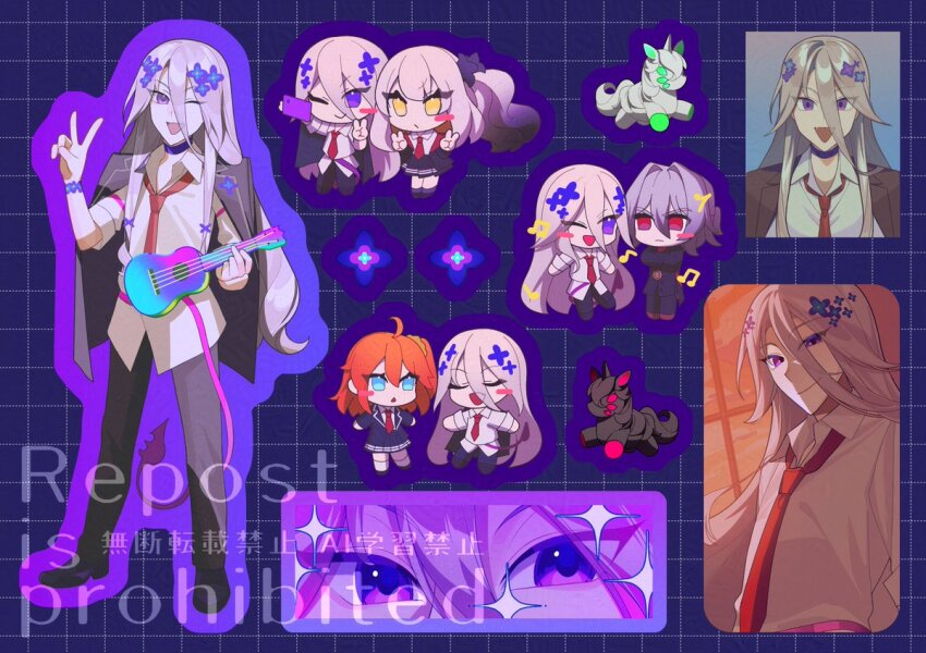 2boys 2girls :d ;d adversarial_noise ahoge alternate_eye_color amatsuka_(fate) animalization antonio_salieri_(fate) antonio_salieri_(second_ascension)_(fate) black_jacket black_pants blonde_hair blue_background blue_choker blue_eyes blue_jacket blue_skirt blush_stickers cellphone chibi choker closed_eyes closed_mouth collared_shirt crossed_arms double_v eyes_visible_through_hair fang fate/grand_order fate_(series) flower frown fujimaru_ritsuka_(female) full_body grey_hair grid_background hair_between_eyes hair_flower hair_intakes hair_ornament hair_scrunchie half_updo hand_up hands_up holding holding_instrument holding_phone id_(fate/grand_order) instrument jacket jacket_on_shoulders long_hair long_sleeves male_focus marie_antoinette_(fate) marie_antoinette_alter_(fate) multiple_boys multiple_girls multiple_views musical_note necktie one_eye_closed one_side_up open_collar open_mouth orange_hair outline pants phone pleated_skirt purple_eyes purple_flower purple_outline red_eyes red_necktie school_uniform scrunchie selfie shirt simple_background single_blush_sticker skin_fang skirt sleeves_rolled_up smartphone smile sparkle standing triangle_mouth u_u ukulele unicorn v very_long_hair watermark white_shirt wing_collar wolfgang_amadeus_mozart_(fate) yellow_eyes yellow_scrunchie yukkuri_(fumoyun)