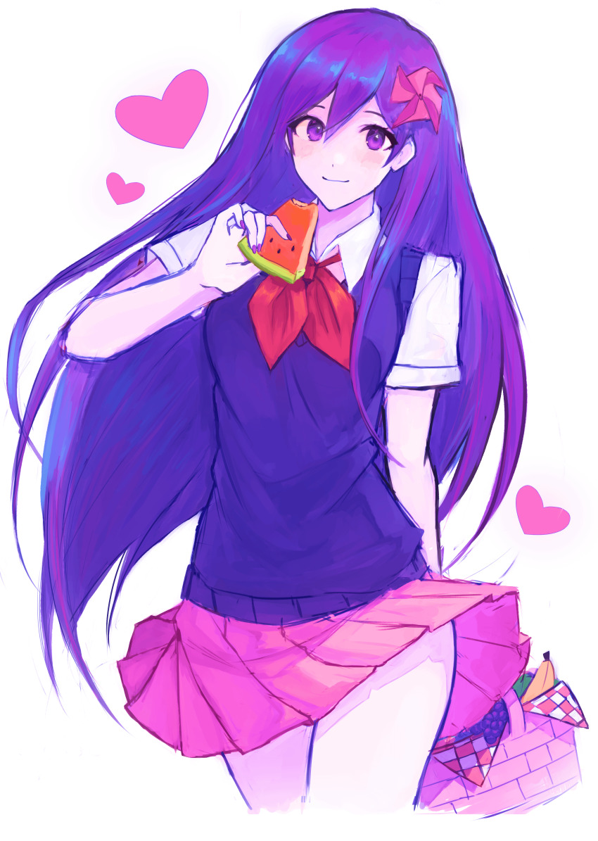1girl absurdres arm_behind_back basket bow bowtie closed_mouth commentary cowboy_shot english_commentary food fraisefraise fruit hand_up heart highres holding holding_basket holding_food holding_fruit holding_picnic_basket holding_watermelon long_hair looking_at_viewer mari_(headspace)_(omori) mari_(omori) miniskirt omori picnic_basket pink_skirt pinwheel_hair_ornament pleated_skirt purple_eyes purple_hair red_bow red_bowtie shirt short_sleeves simple_background skirt smile solo standing sweater_vest watermelon watermelon_slice white_background