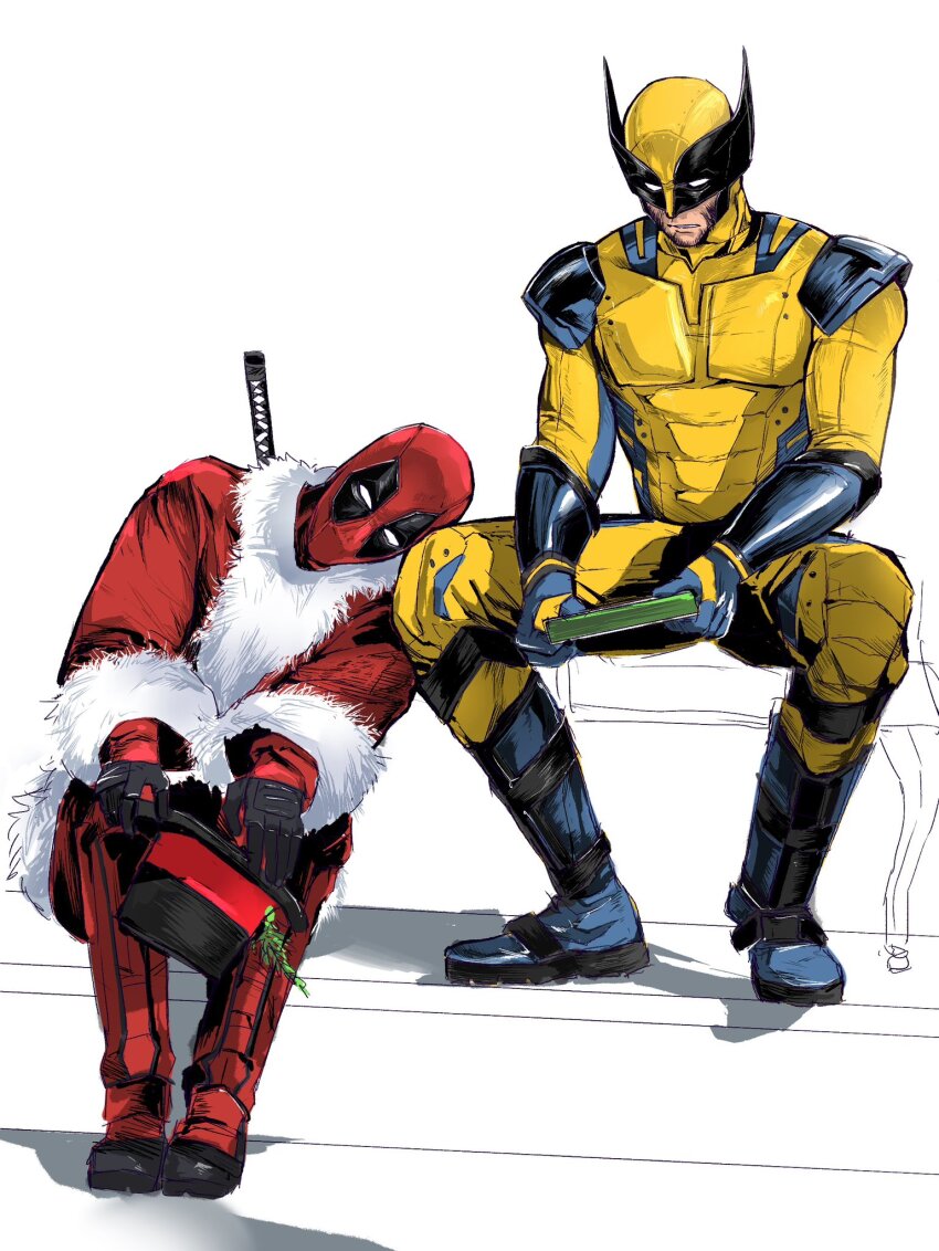 2boys beard black_gloves blue_bodysuit blue_gloves bodysuit christmas crutch_c deadpool deadpool_&amp;_wolverine deadpool_(series) facial_hair full_body fur-trimmed_jacket fur_trim gloves hat highres holding holding_unworn_clothes holding_unworn_hat jacket leaning_on_person male_focus marvel marvel_cinematic_universe mask multiple_boys muscular muscular_male parted_lips red_bodysuit red_mask santa_costume sitting superhero_costume sword sword_on_back top_hat two-tone_bodysuit unworn_hat unworn_headwear weapon weapon_on_back wolverine_(x-men) x-men yaoi yellow_bodysuit