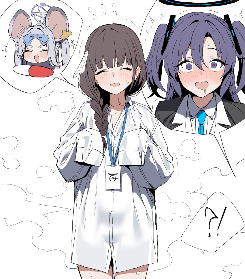 !? 3girls :d ^_^ absurdres aged_down animal_ears black_halo blue_archive blue_bow blue_eyes blunt_bangs bow brown_hair closed_eyes commentary_request female_sensei_(blue_archive) female_sensei_(blue_archive)_(xipa) grey_hair hair_between_eyes hair_bow halo heart heart-shaped_pupils highres lanyard mouse_ears mouse_girl multiple_girls open_mouth purple_halo saya_(blue_archive) sensei_(blue_archive) shirt simple_background sleeves_past_fingers sleeves_past_wrists smile sweat symbol-shaped_pupils two_side_up white_background white_shirt xipa yuuka_(blue_archive)